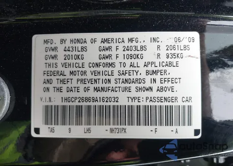 2009 Honda Accord 2.4 Ex-L from USA, damaged, VIN 1HGCP26869A162032